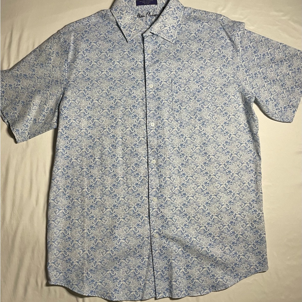 Alan Flusser Shirt Men Large Button Up short Sleeve Floral Print Blue White -